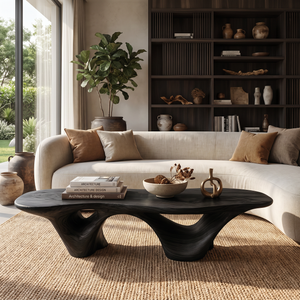 Coffee Table Solid Wood with Triple Hollow Sculptural Base for Living Room