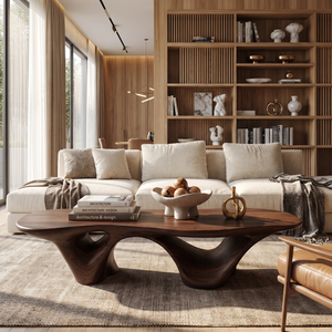 Coffee Table Solid Wood with Triple Hollow Sculptural Base for Living Room