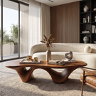 Coffee Table Solid Wood with Triple Hollow Sculptural Base for Living Room
