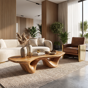 Coffee Table Solid Wood with Triple Hollow Sculptural Base for Living Room