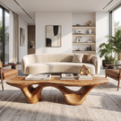 Coffee Table Solid Wood with Triple Hollow Sculptural Base for Living Room