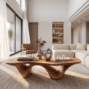 Coffee Table Solid Wood with Triple Hollow Sculptural Base for Living Room