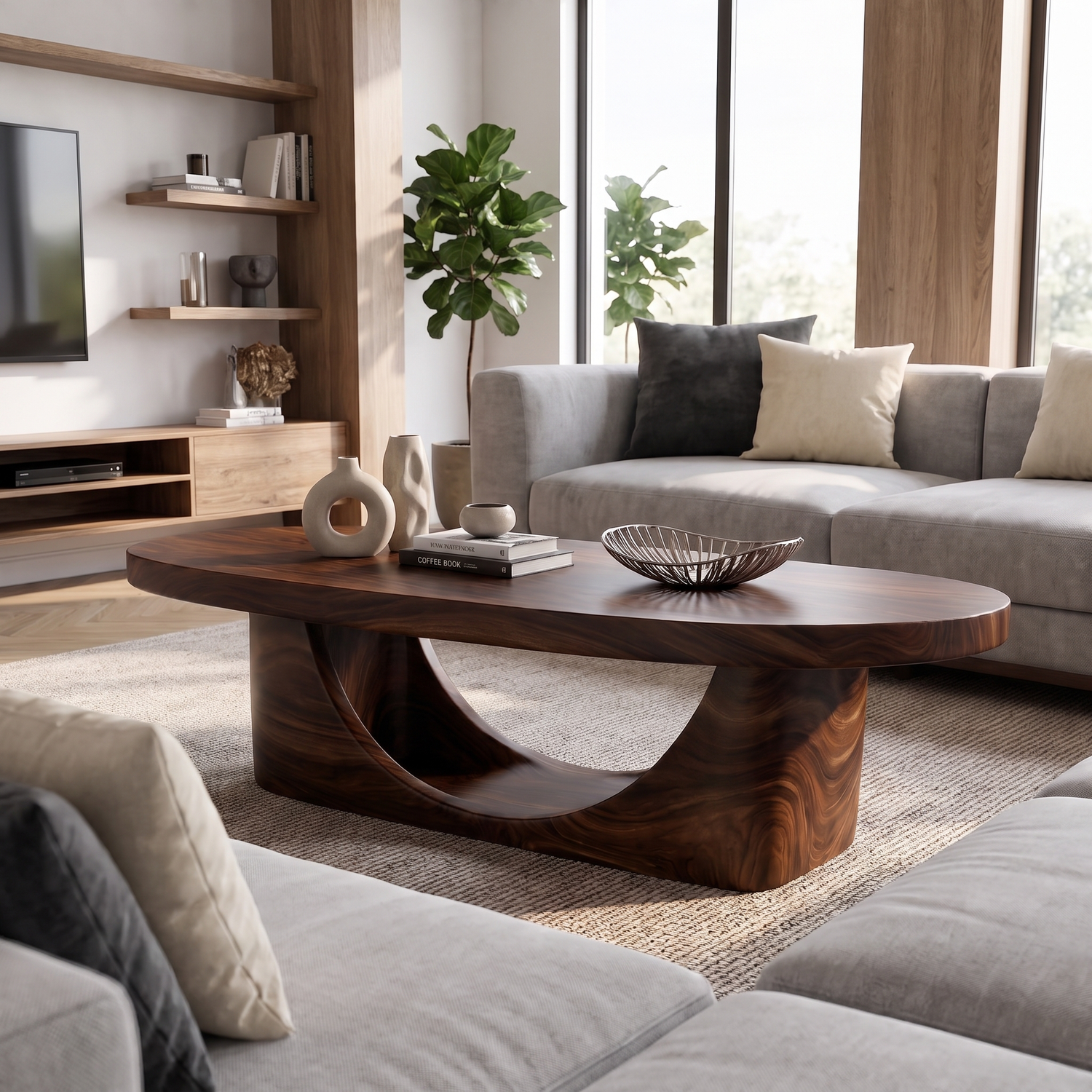 Coffee Table Solid Wood with Sculptural Crescent Loop Base
