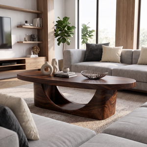 Coffee Table Solid Wood with Sculptural Crescent Loop Base