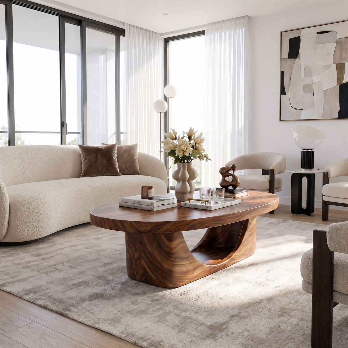 Coffee Table Solid Wood with Sculptural Crescent Loop Base