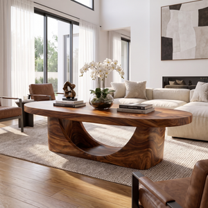 Coffee Table Solid Wood with Sculptural Crescent Loop Base