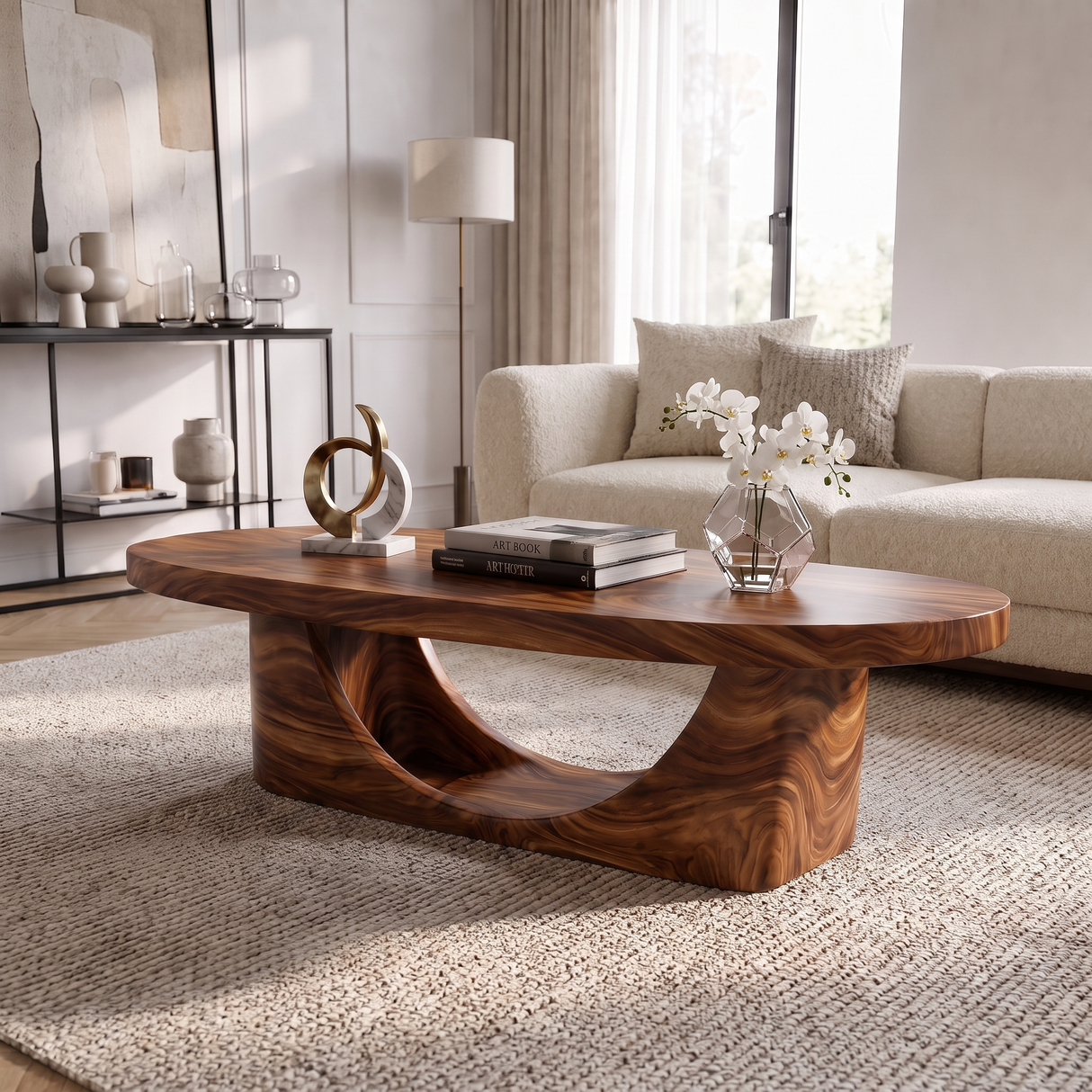 Coffee Table Solid Wood with Sculptural Crescent Loop Base