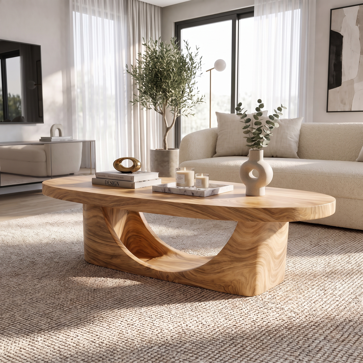 Coffee Table Solid Wood with Sculptural Crescent Loop Base