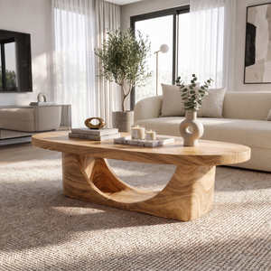 Coffee Table Solid Wood with Sculptural Crescent Loop Base