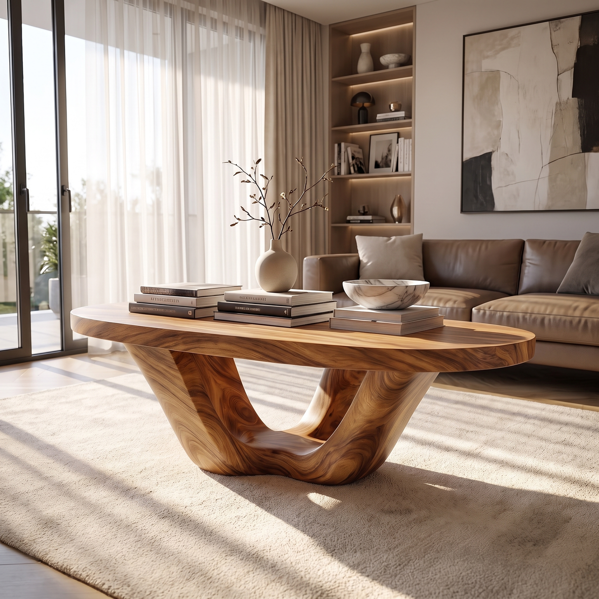 Coffee Table Solid Wood with Sculptural Double U Loop Base