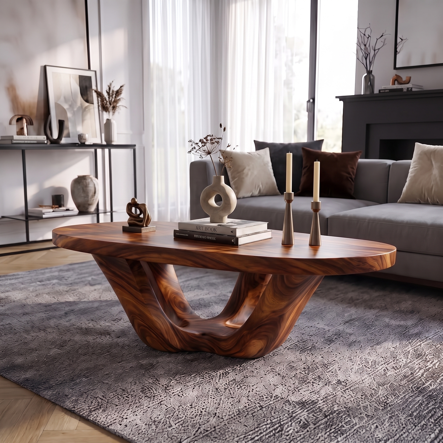 Coffee Table Solid Wood with Sculptural Double U Loop Base