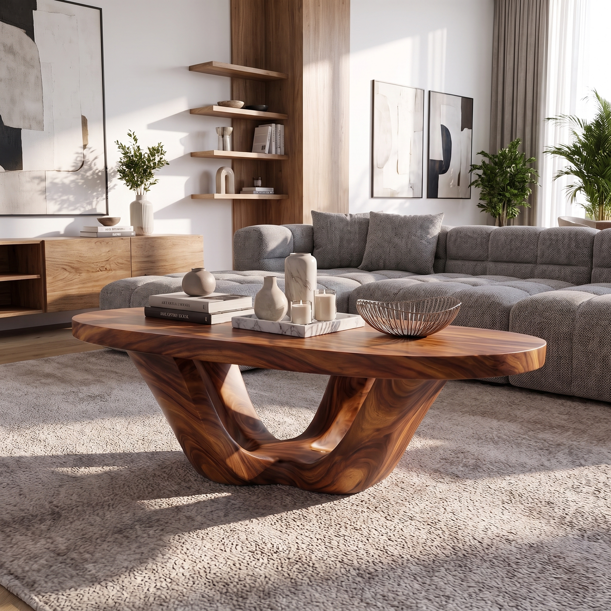 Coffee Table Solid Wood with Sculptural Double U Loop Base