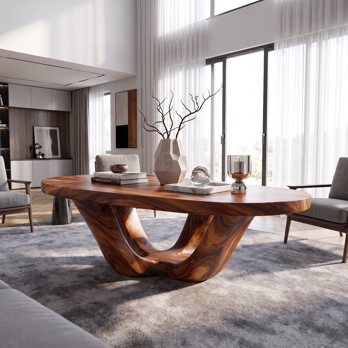 Coffee Table Solid Wood with Sculptural Double U Loop Base