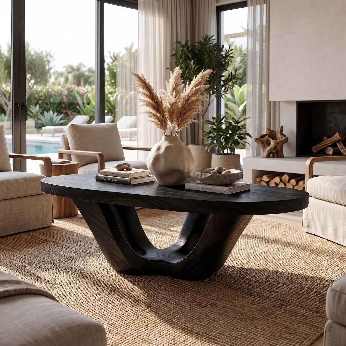 Coffee Table Solid Wood with Sculptural Double U Loop Base