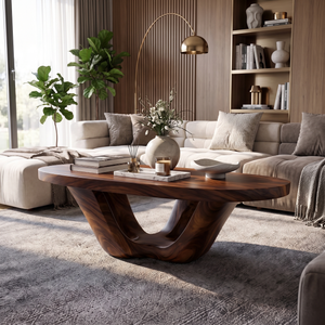 Coffee Table Solid Wood with Sculptural Double U Loop Base