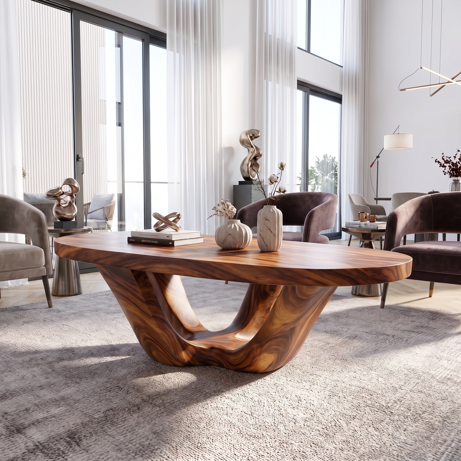 Coffee Table Solid Wood with Sculptural Double U Loop Base