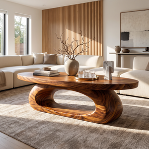 Coffee Table Solid Wood with Sculptural Oval Loop Base for Living Room