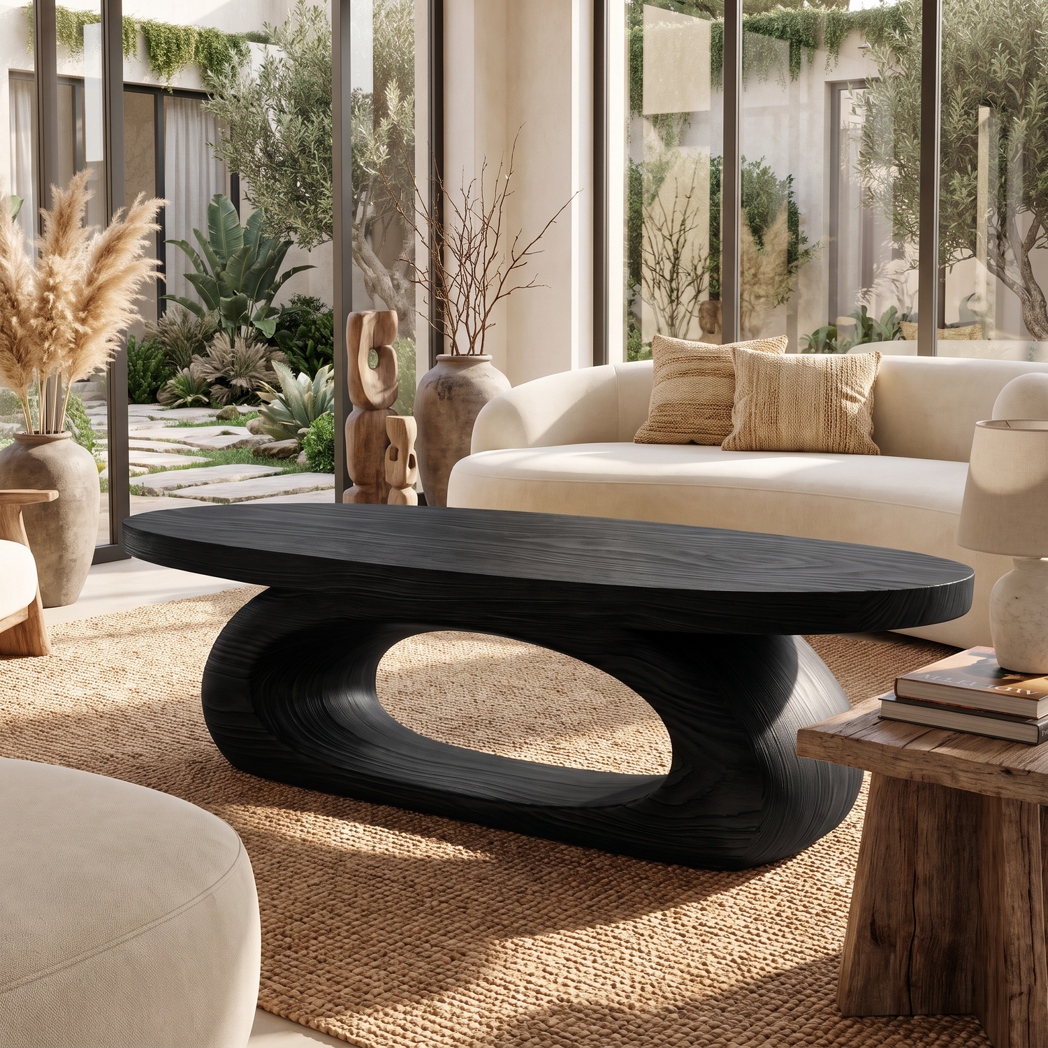 Coffee Table Solid Wood with Sculptural Oval Loop Base for Living Room