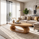 Coffee Table Solid Wood with Sculptural Oval Loop Base for Living Room