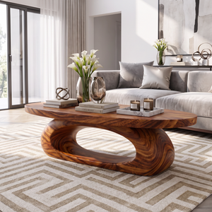Coffee Table Solid Wood with Sculptural Oval Loop Base for Living Room