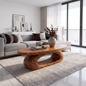 Coffee Table Solid Wood with Sculptural Oval Loop Base for Living Room