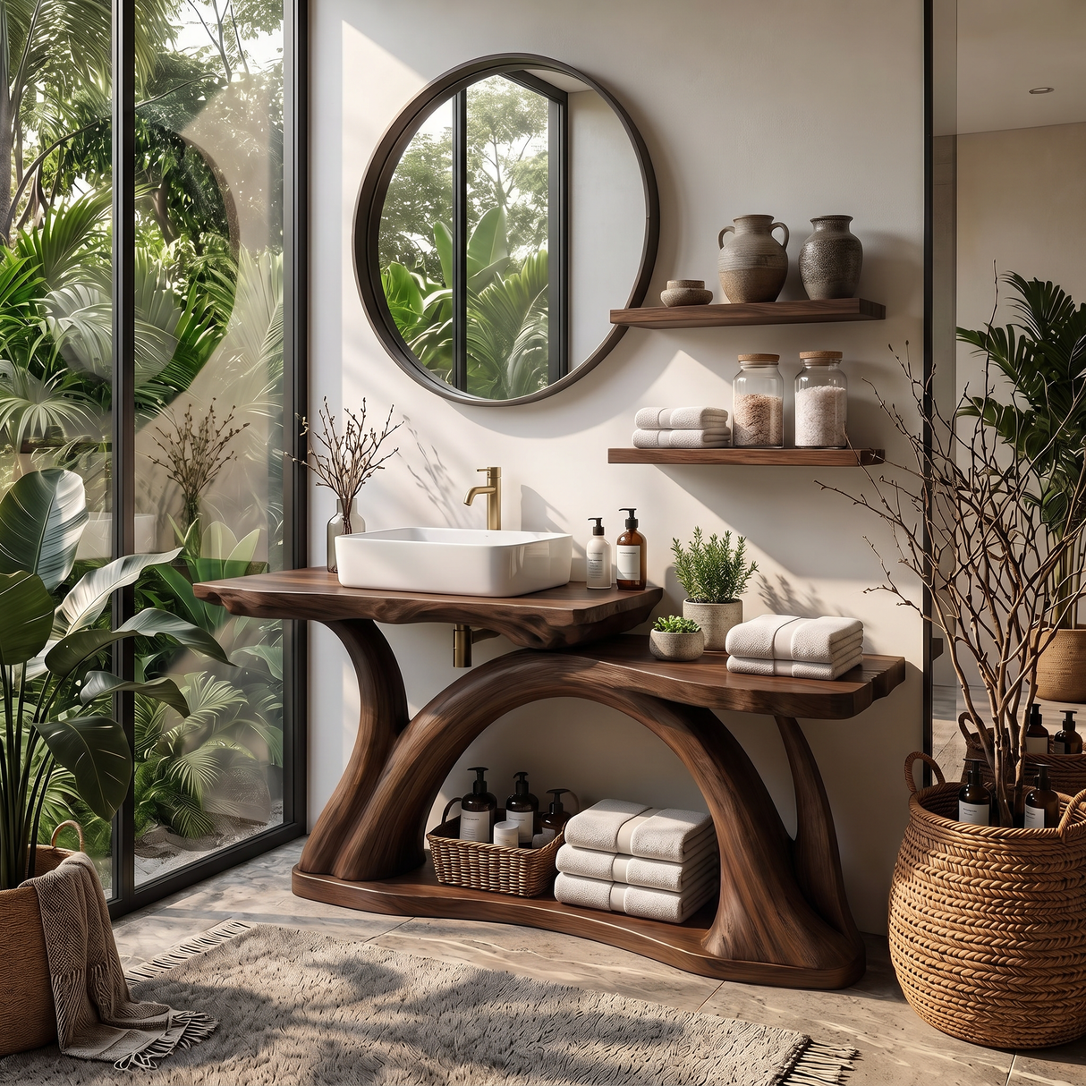 Bathroom Vanity Solid Wood with Sculptural Arch Base and Open Shelf Storage