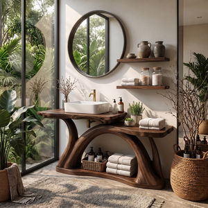 Bathroom Vanity Solid Wood with Sculptural Arch Base and Open Shelf Storage