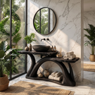 Bathroom Vanity Solid Wood with Sculptural Arch Base and Open Shelf Storage
