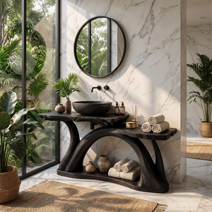 Bathroom Vanity Solid Wood with Sculptural Arch Base and Open Shelf Storage