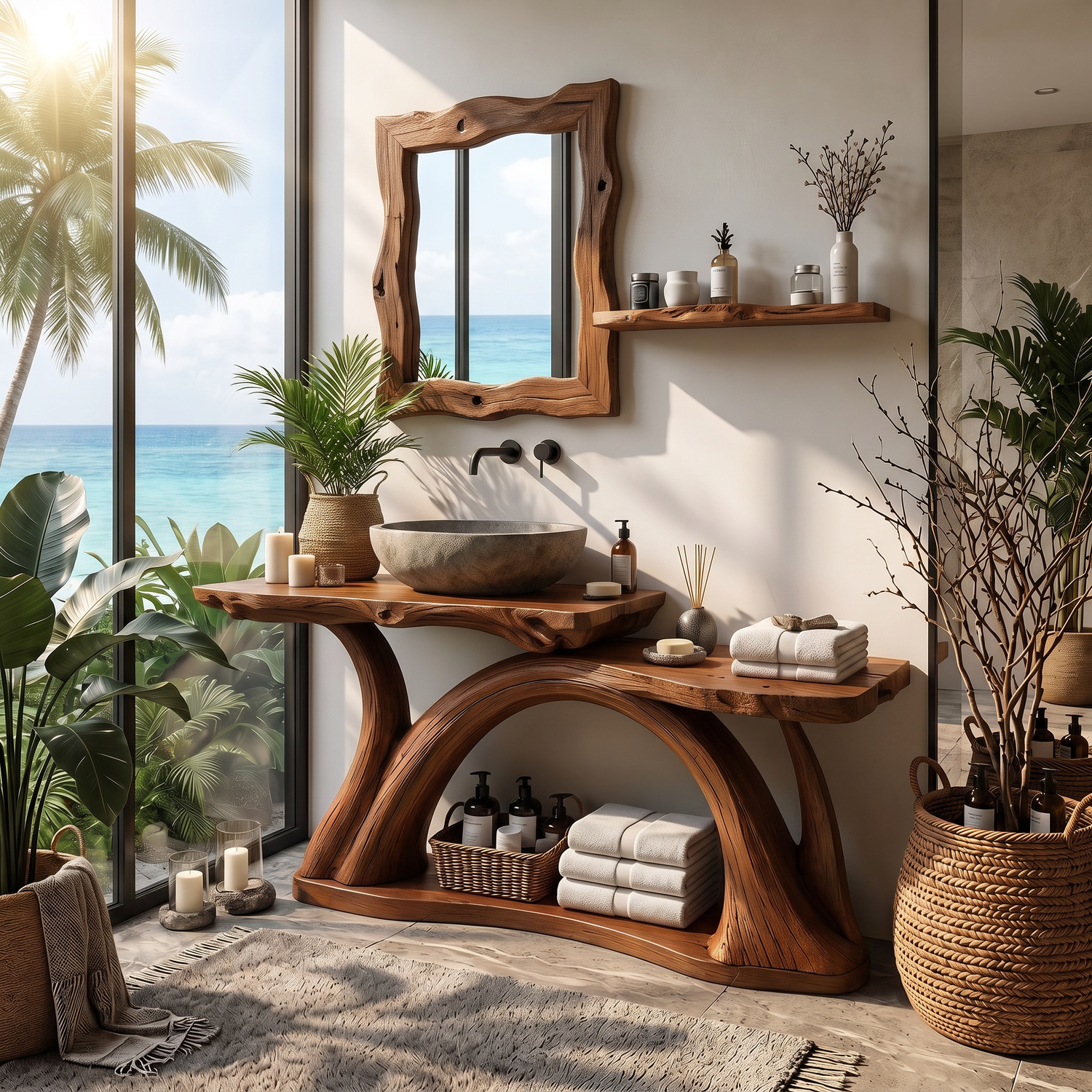Bathroom Vanity Solid Wood with Sculptural Arch Base and Open Shelf Storage