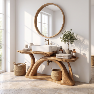 Bathroom Vanity Solid Wood with Sculptural Arch Base and Open Shelf Storage