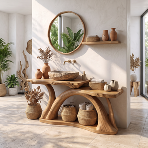 Bathroom Vanity Solid Wood with Sculptural Arch Base and Open Shelf Storage