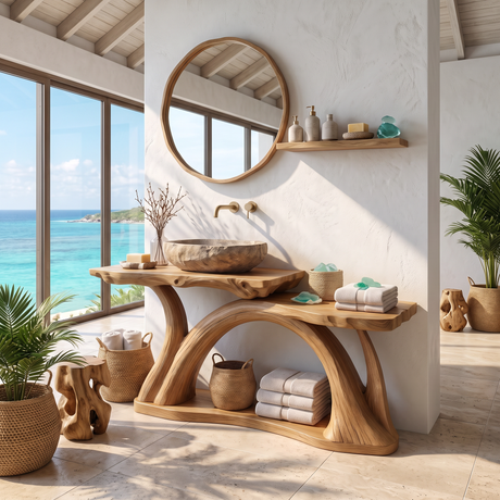 Bathroom Vanity Solid Wood with Sculptural Arch Base and Open Shelf Storage