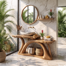 Bathroom Vanity Solid Wood with Sculptural Arch Base and Open Shelf Storage