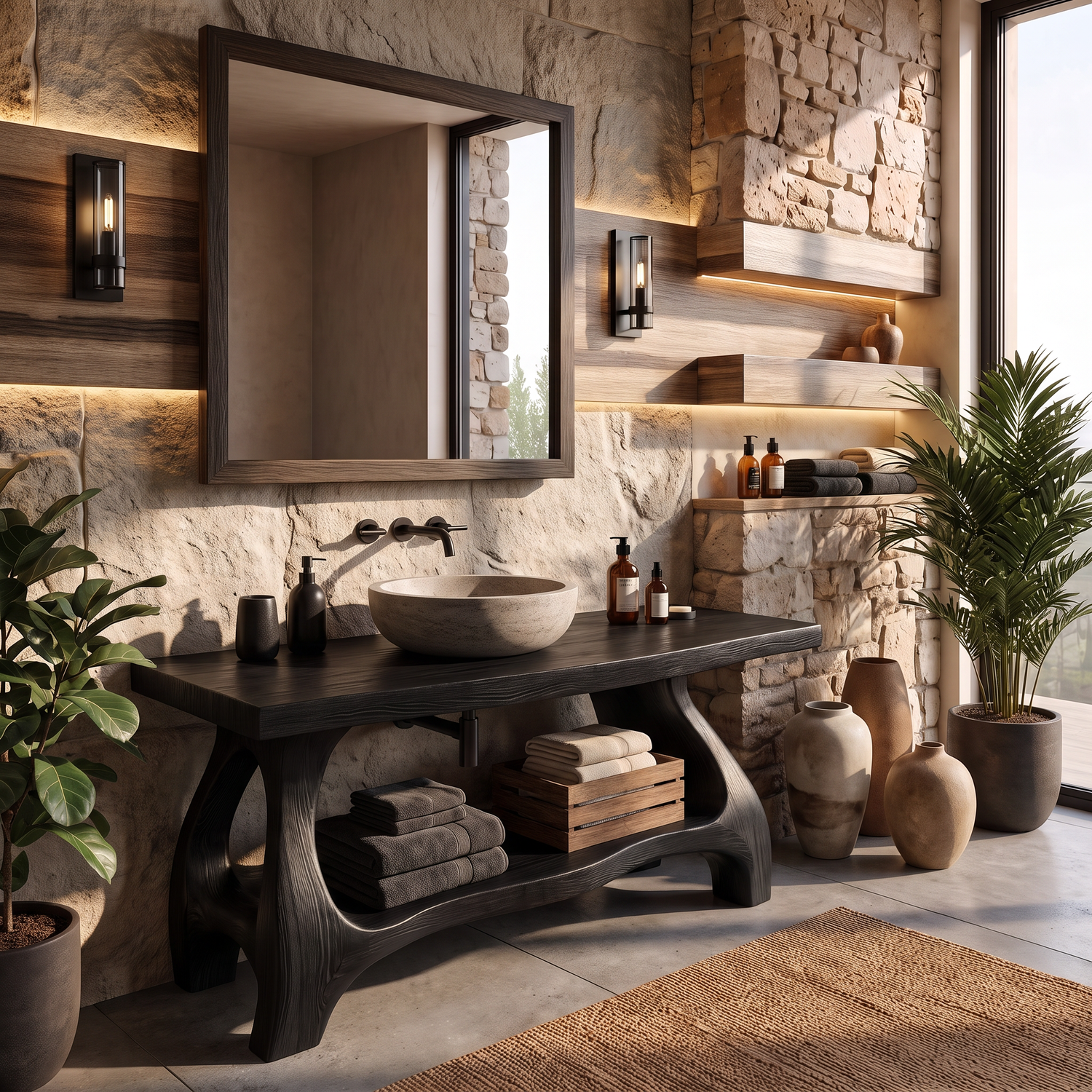 Bathroom Vanity Solid Wood with Sculptural Open Frame Base and Lower Shelf Storage