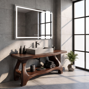 Bathroom Vanity Solid Wood with Sculptural Open Frame Base and Lower Shelf Storage