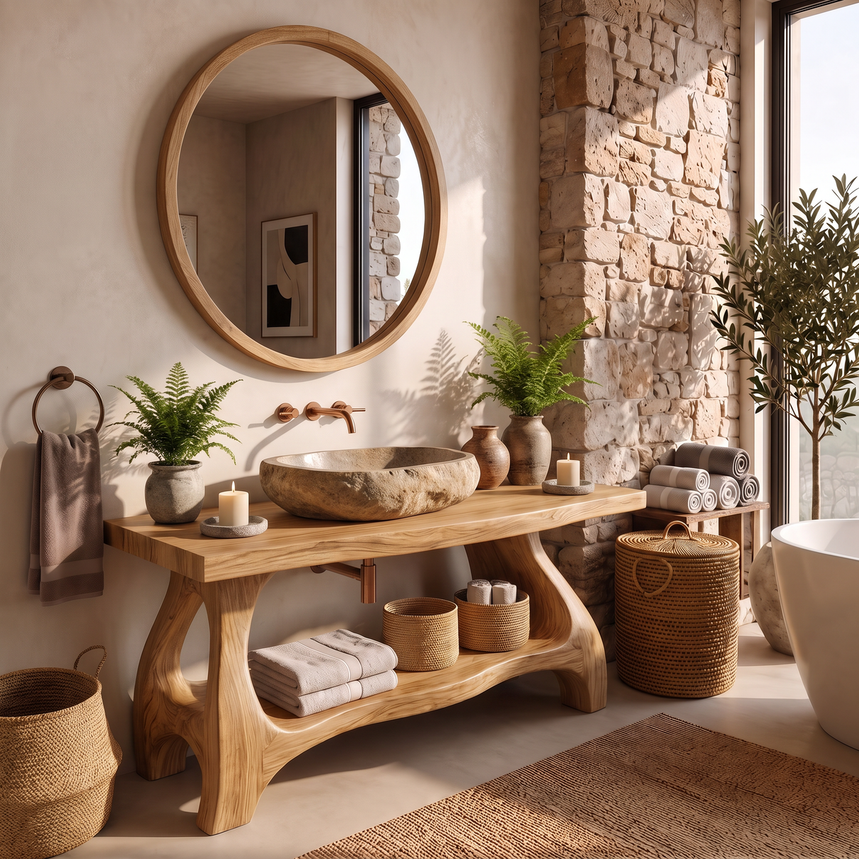 Bathroom Vanity Solid Wood with Sculptural Open Frame Base and Lower Shelf Storage