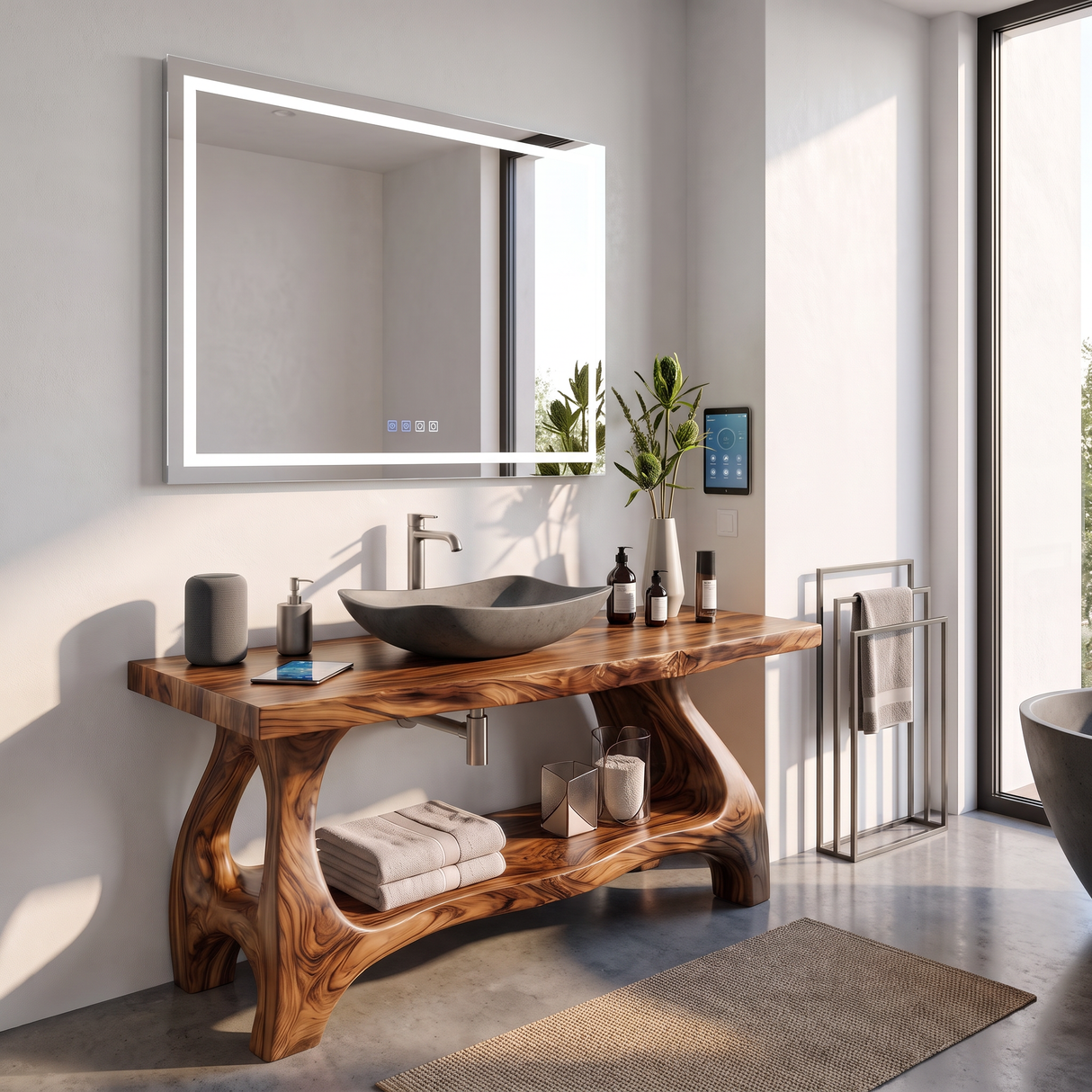 Bathroom Vanity Solid Wood with Sculptural Open Frame Base and Lower Shelf Storage