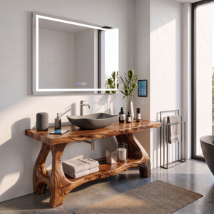 Bathroom Vanity Solid Wood with Sculptural Open Frame Base and Lower Shelf Storage