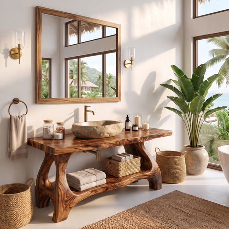 Bathroom Vanity Solid Wood with Sculptural Open Frame Base and Lower Shelf Storage