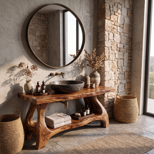 Bathroom Vanity Solid Wood with Sculptural Open Frame Base and Lower Shelf Storage
