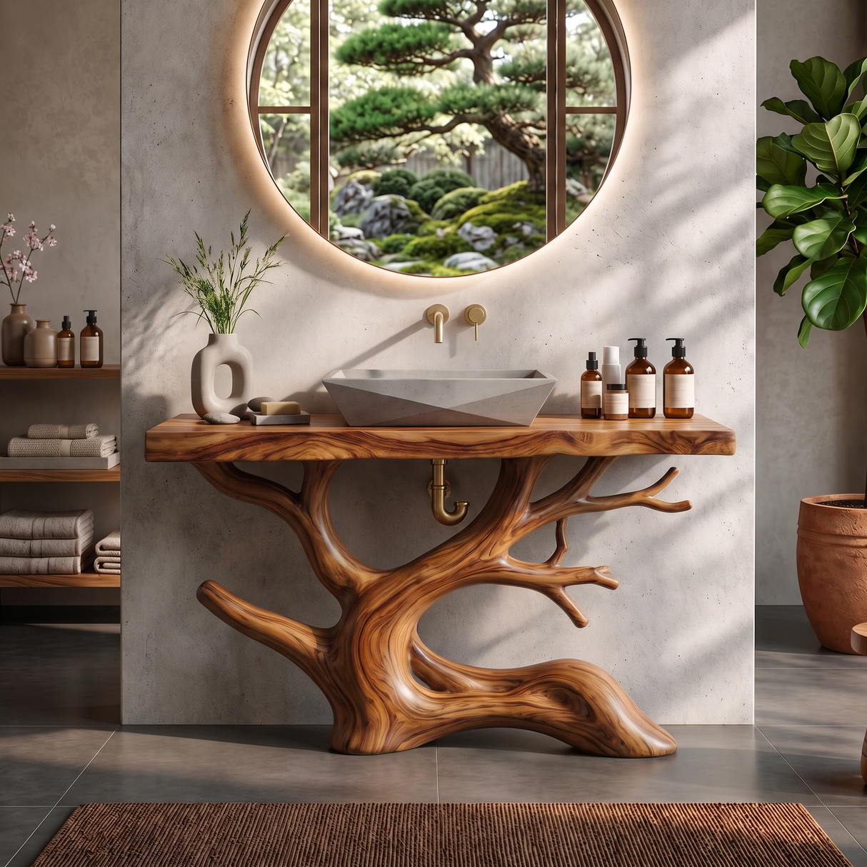 Bathroom Vanity Solid Wood with Sculptural Tree Branch Base