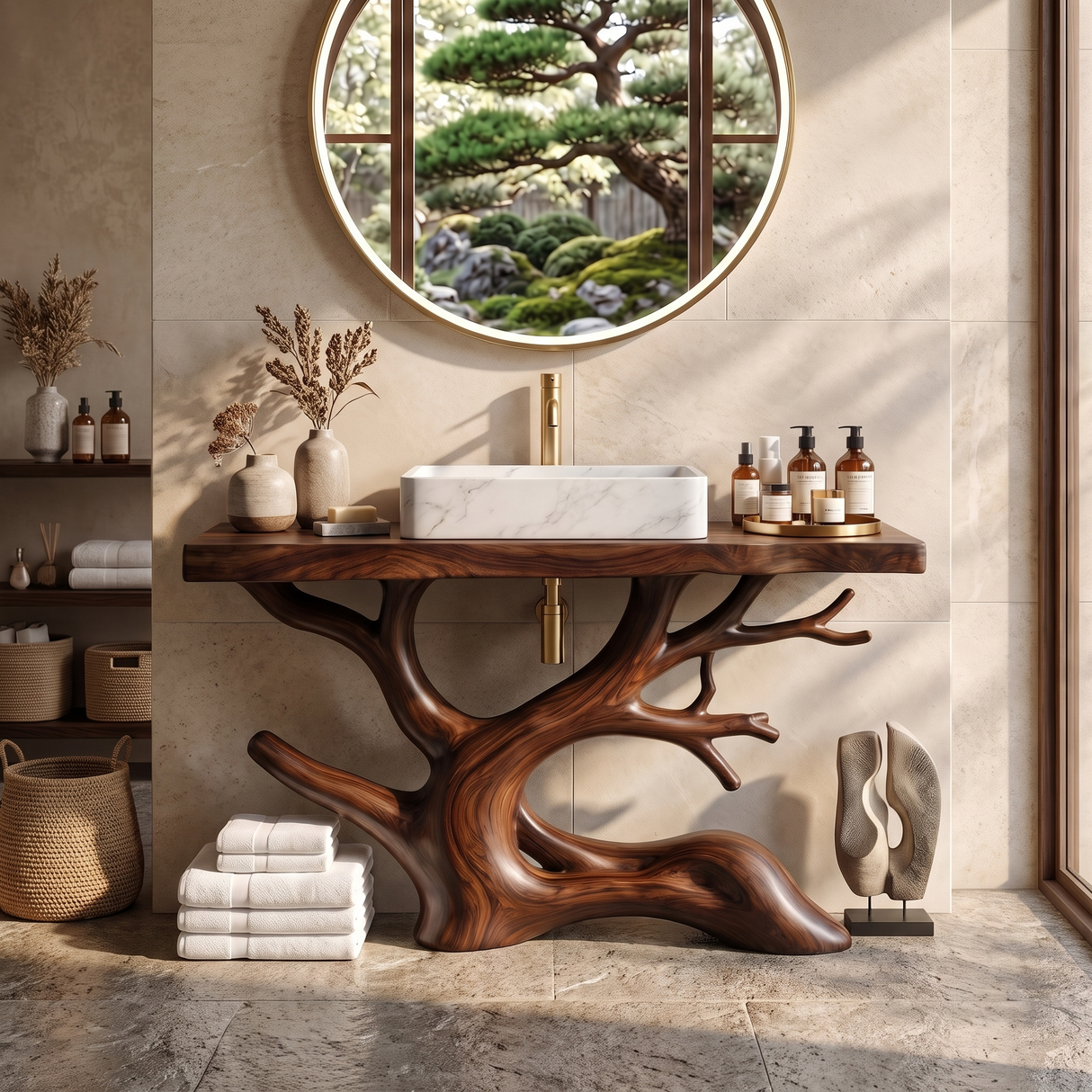 Bathroom Vanity Solid Wood with Sculptural Tree Branch Base