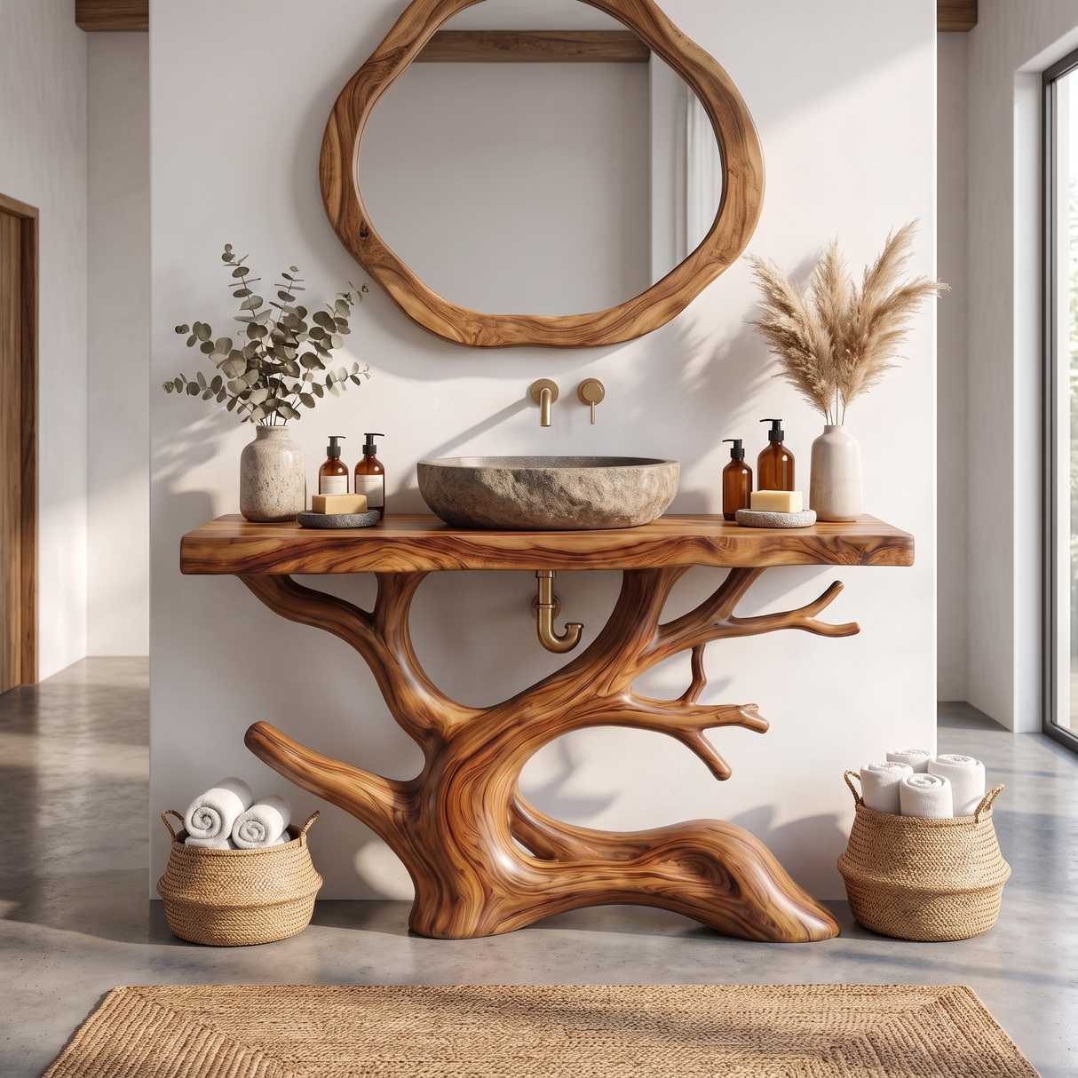 Bathroom Vanity Solid Wood with Sculptural Tree Branch Base