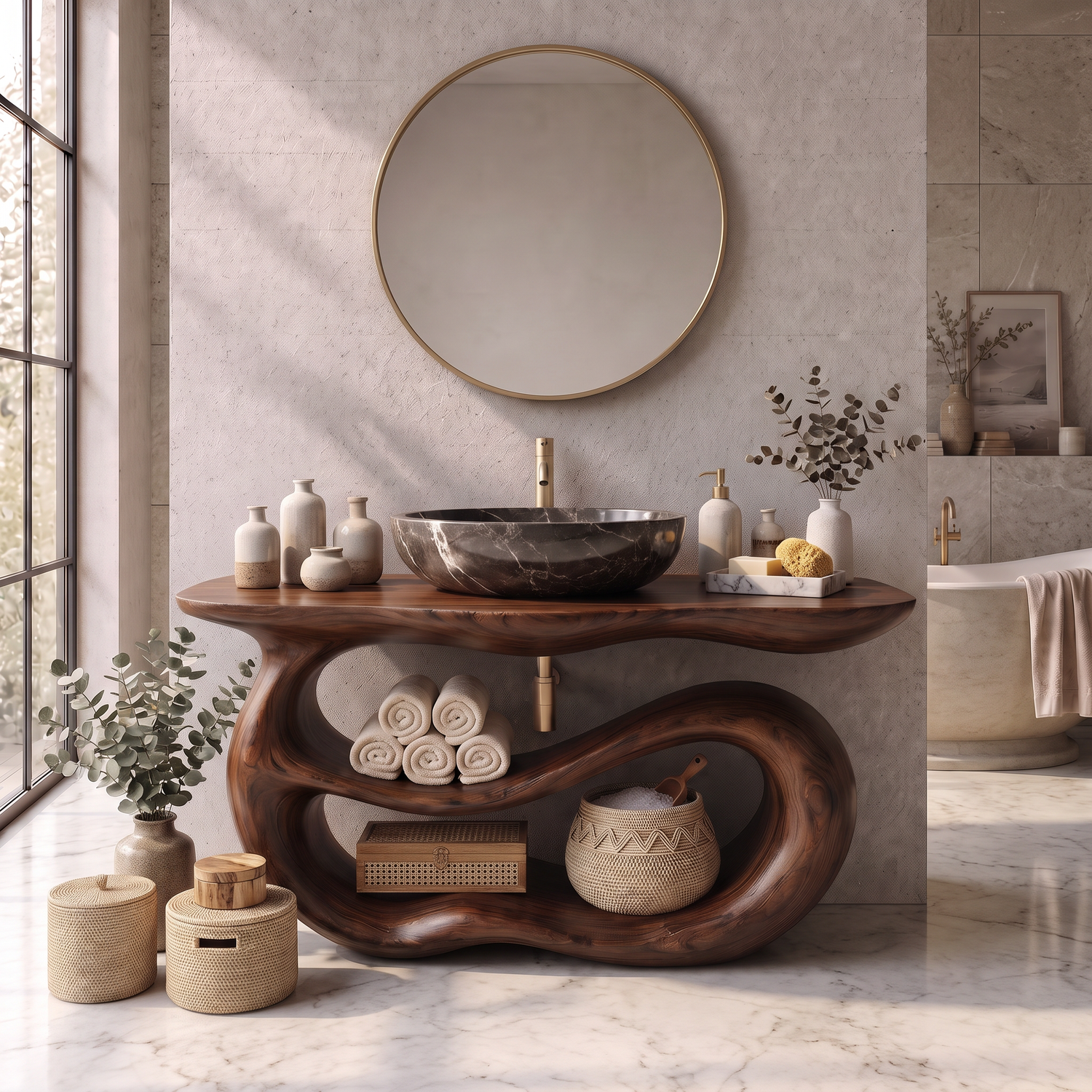 Bathroom Vanity Solid Wood with Sculptural Double Loop Base and Open Shelf Storage