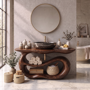 Bathroom Vanity Solid Wood with Sculptural Double Loop Base and Open Shelf Storage