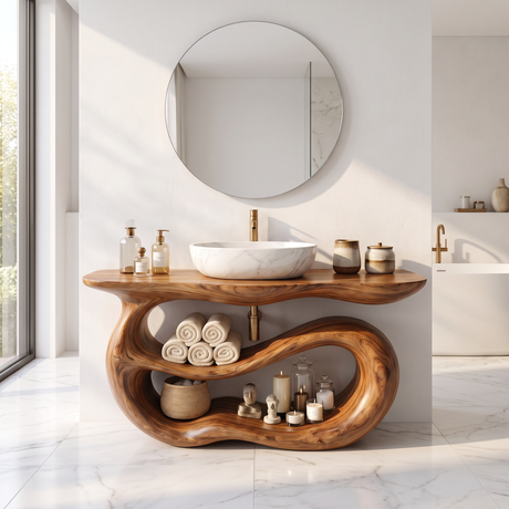 Bathroom Vanity Solid Wood with Sculptural Double Loop Base and Open Shelf Storage