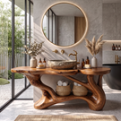 Bathroom Vanity Solid Wood with Sculptural Branch Frame and Open Shelf Storage
