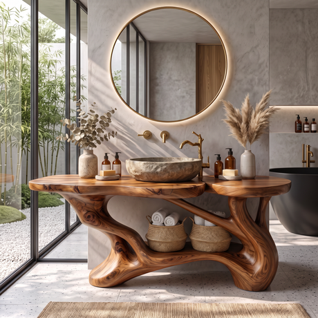 Bathroom Vanity Solid Wood with Sculptural Branch Frame and Open Shelf Storage