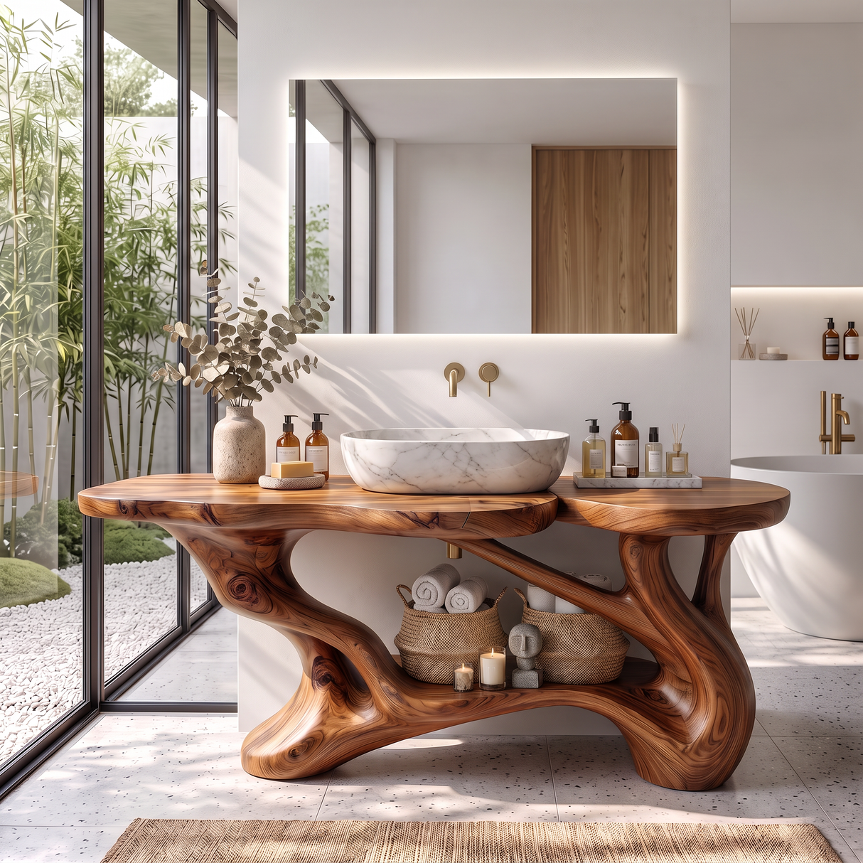 Bathroom Vanity Solid Wood with Sculptural Branch Frame and Open Shelf Storage
